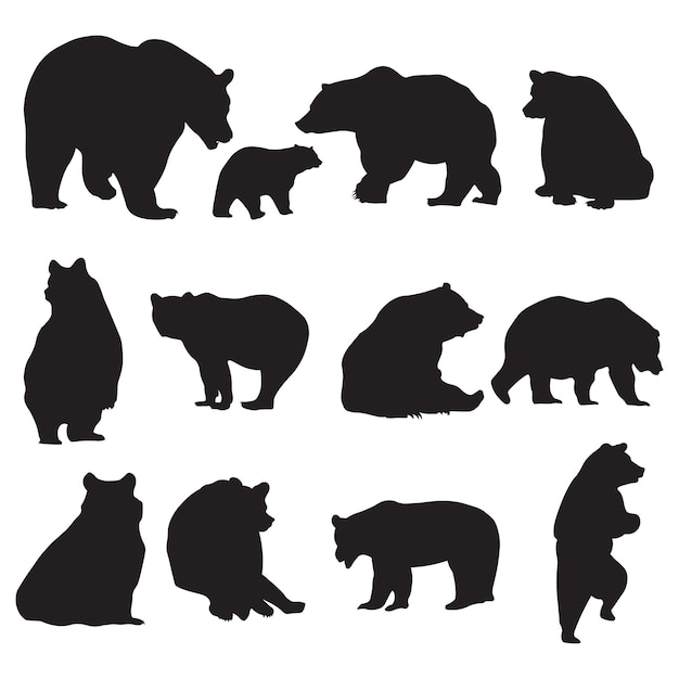 Grizzly bear silhouette vector illustration set