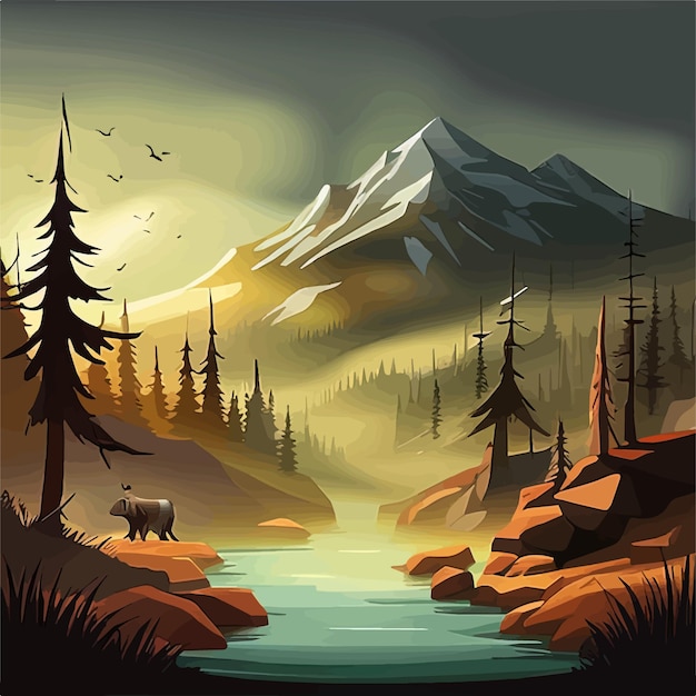 Grizzly bear standing by river vibrant art for postcard or poster in alaska forest wild scenery with