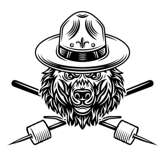 Grizzly beer hoofd in scout hoed en twee gekruiste marshmallow op houten stokken vector zwart-wit afbeelding op witte achtergrond