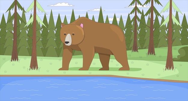 森林湖の平らなイラストに立っているグリズリー茶色のクマ