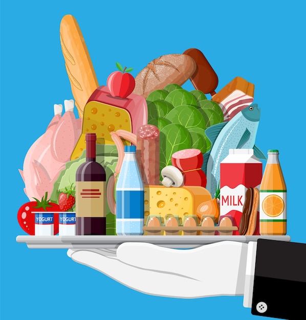 Vector groceries set. grocery store collection. supermarket. fresh organic food and drinks. milk, vegetables, meat, chicken cheese, sausages, wine fruits, fish cereal juice.