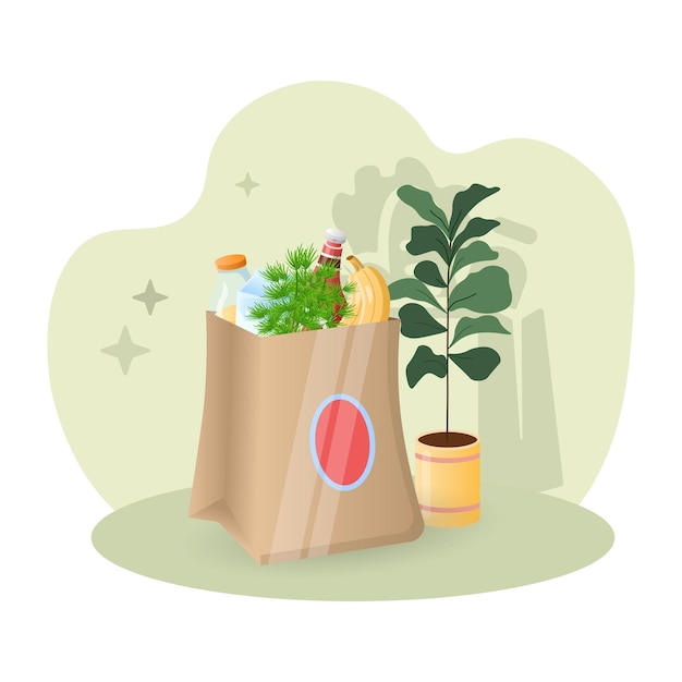 Grocery bag illustration bag bottle dill banana plant