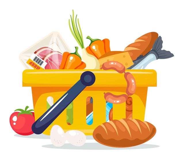 Grocery basket food shop product supermarket full cart concept graphic design illustration