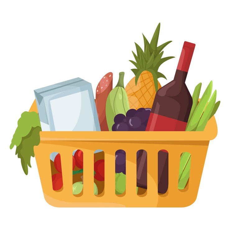 Vector grocery basket full of colorful food items on white background vector illustration