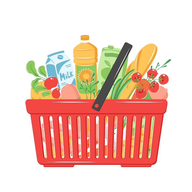 Vector grocery basket shopping cart full of different production