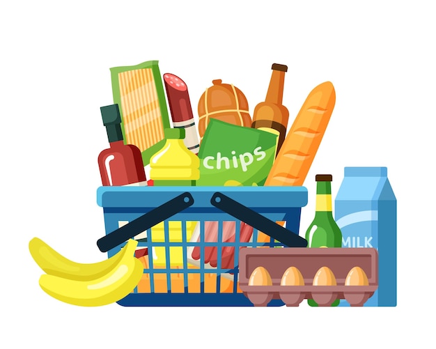 Grocery basket with food assortment flat . Supermarket products in shopping handbasket. American food. Meal ingredients. Basketful of everyday gastronomy goods