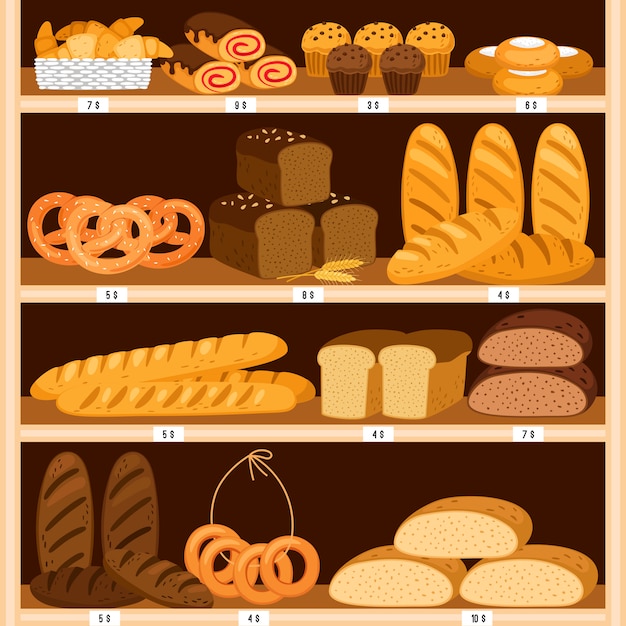 Vector grocery breads shelves. bread and fresh pastries wood showcase, bakery products in wooden interior. bagel and brown sliced loaf, donut and cheesecakes