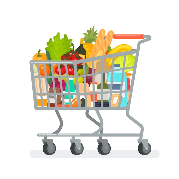 Vector grocery cart from the supermarket with products.