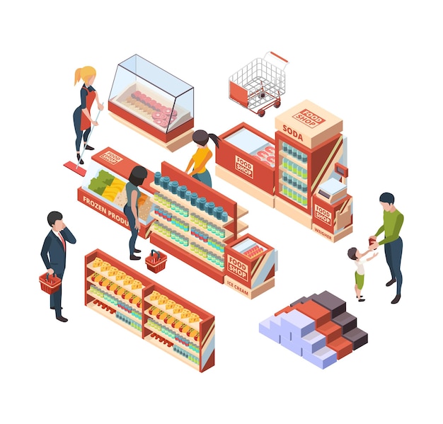 Vector grocery customers. isometric people with shopping carts in retail market buying food marketplace items vector collection