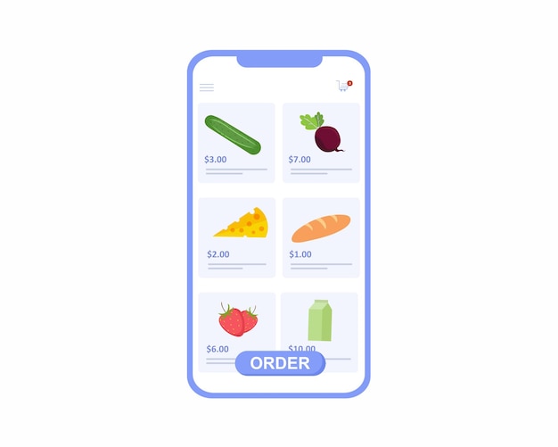식료품 배달 앱 신선한 채소 음식과 음료 휴대 전화 디스플레이