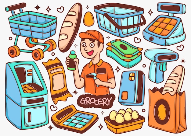 Grocery doodle hand drawn color vector collection