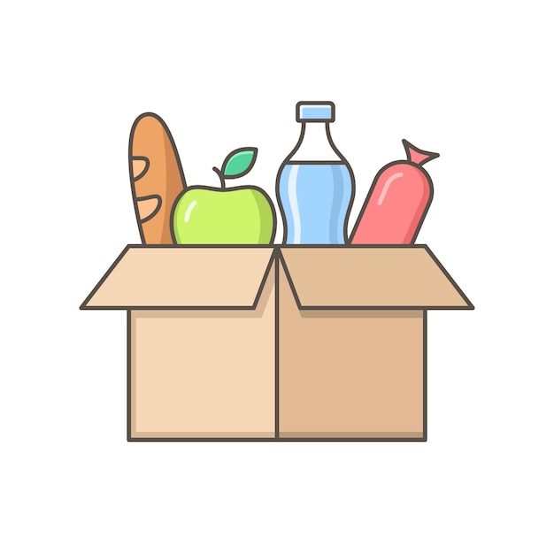 Grocery Food in cardboard box icon isolated on white Vector flat illustration