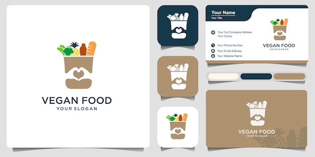 Sacchetto di carta della spesa con design del logo alimentare e biglietto da visita. borsa del prodotto riutilizzabile con un design vettoriale di cibo vegano vegano sano.