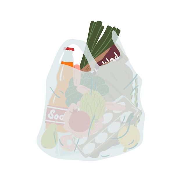 さまざまな食べ物や飲み物のベクトルフラットイラストでいっぱいの食料品のプラスチックパッケージ。白で隔離されるハンドルが付いている透明な使い捨ての買い物袋。製品や購入品を運ぶためのパック。