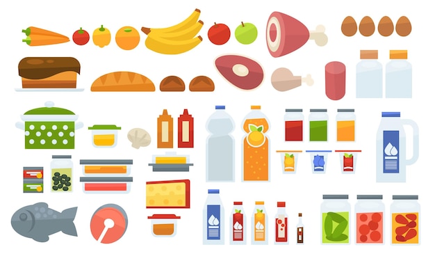Vector grocery products variety of food and meal, assortment of vegetables and pastry, meat and sweet drinks. juice and banana, croissant and fish salmon, beef and pork ingredients. vector in flat style