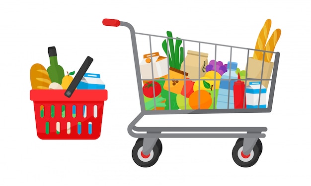 Vector grocery purchase set. shopping basket and trolley with products.