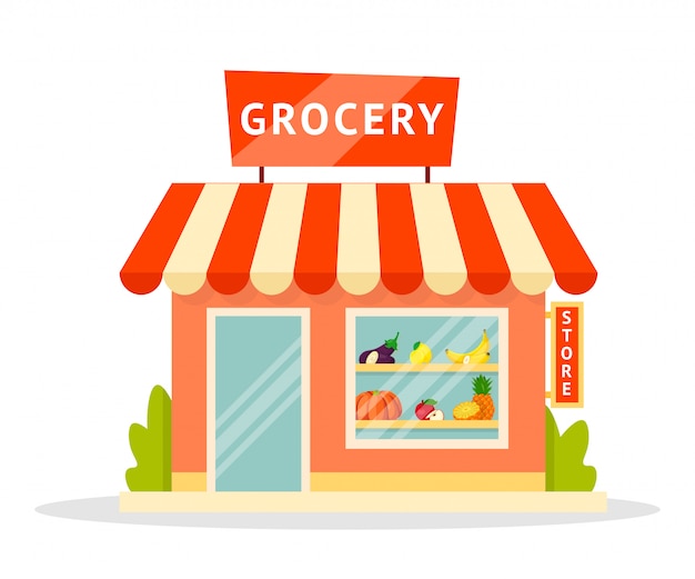 Grocery shop facade flat illustration