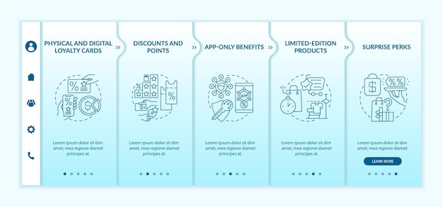 Modello di vettore di onboarding di idee per il programma di fidelizzazione del negozio di alimentari. sito mobile reattivo con icone. procedura dettagliata della pagina web 5 schermate di passaggio. concetto di colore della carta fedeltà con illustrazioni lineari