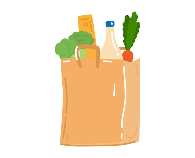 Vector grocery shopping bag with bread milk broccoli and carrot fresh food in paper bag for healthy eating