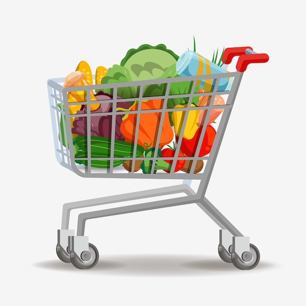 Vector grocery shopping cart on white. full supermarket food basket vector illustration, shop cart with groceries goods isolated