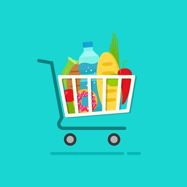 Vector grocery shopping cart with full of fresh products flat cartoon