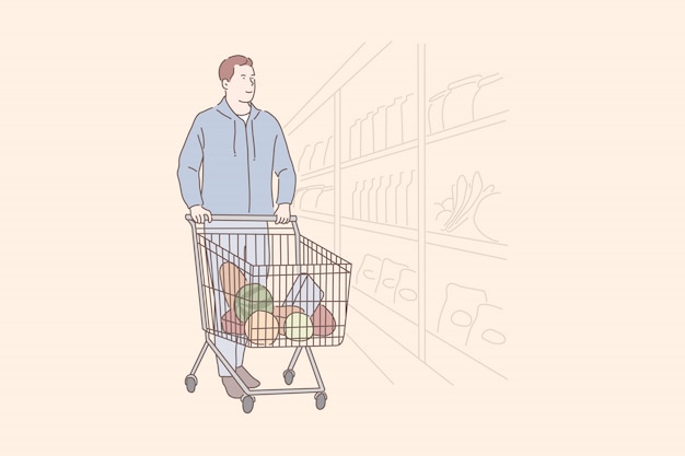 Grocery shopping, department store, commerce concept