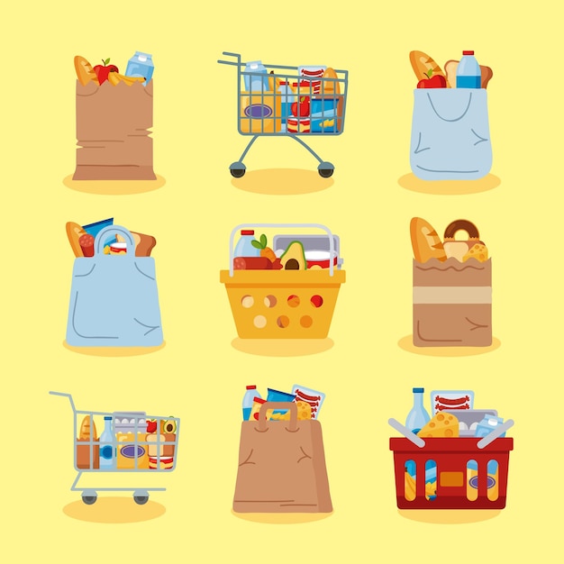 Vector grocery shopping elements set