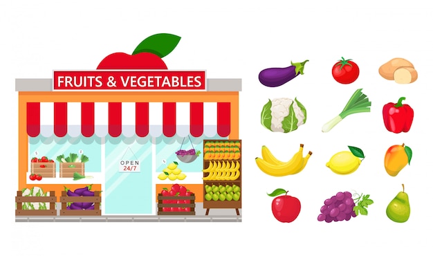 Vector grocery store and fruits and vegetables