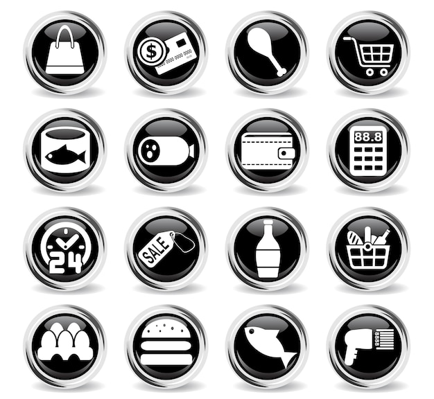 Vector grocery store icons on round black buttons with metal ring