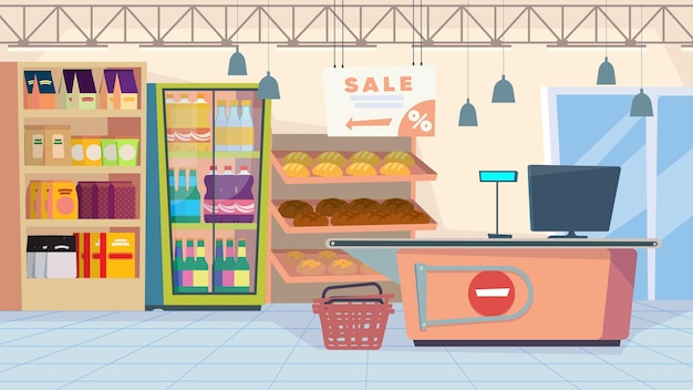 Vector grocery store interior, banner in flat cartoon design. supermarket cash desk, racks shelves with bread and food, fridge with drinks. purchases, shopping, sale. vector illustration of web background