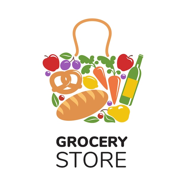 Vector grocery store logo template with shopping basket and food