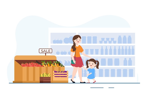 Вектор Продуктовый магазин или супермаркет с пищевыми продуктами или фруктами и напитками для покупок в иллюстрации