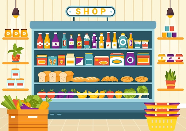 スーパーマーケットの食品品と製品の種類を示す食料品店の棚のベクトルイラスト
