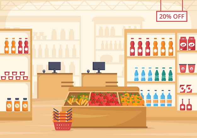 Negozio di alimentari o supermercato con prodotti alimentari o frutta e bevande per lo shopping nell'illustrazione