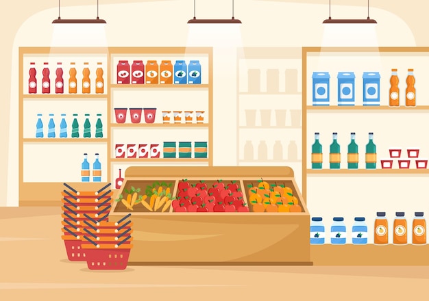 Grocery Store or Supermarket with Food Product or Fruits and Drinks for Shopping in  Illustration