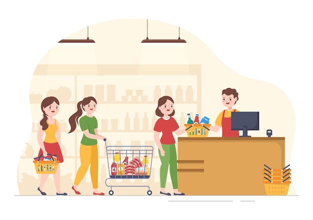 Grocery Store or Supermarket with Food Product or Fruits and Drinks for Shopping in  Illustration