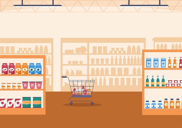 Vector grocery store or supermarket with food product or fruits and drinks for shopping in  illustration