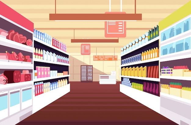 Grocery supermarket interior with full product shelves.