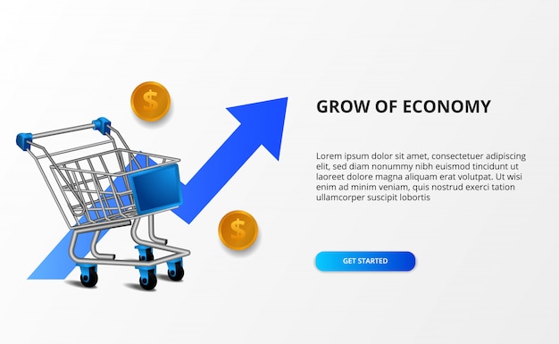 Groei economie en markt. illustratie van 3d-trolley en bullish blauwe pijl. online winkelen en e-commerce concept.