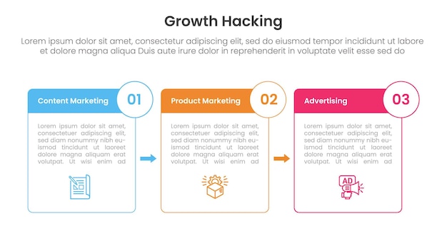 Groei hacking infographic 3 punt met box outline en badge pijl voor slide presentatie