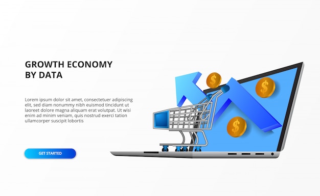 Groei online economie online winkelen concept met illustratie van trolley, laptopcomputer, groei pijl-omhoog, gouden munt geld.