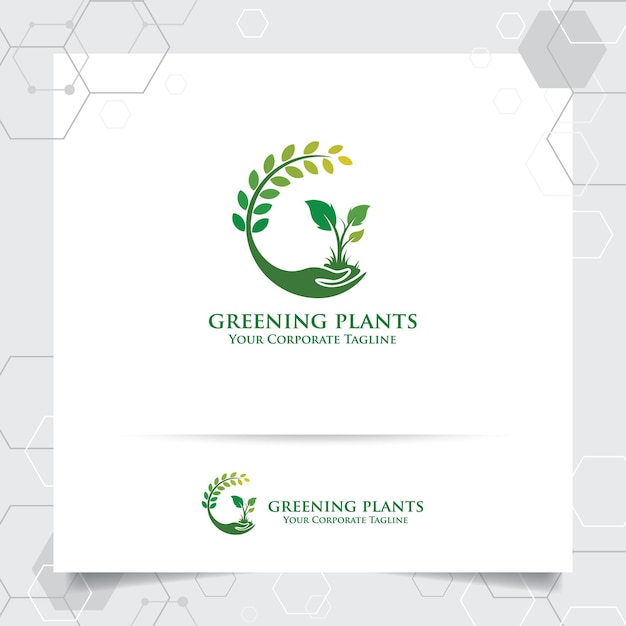 Groen boerderijlogo met plantconcept in de hand