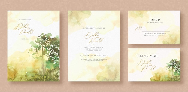 Groen boom en struiken aquarel schilderij met gouden splash achtergrond op bruiloft uitnodigingskaart