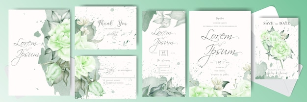 Groen bruiloft uitnodiging kaartenset sjabloon met romige aquarel en bloem