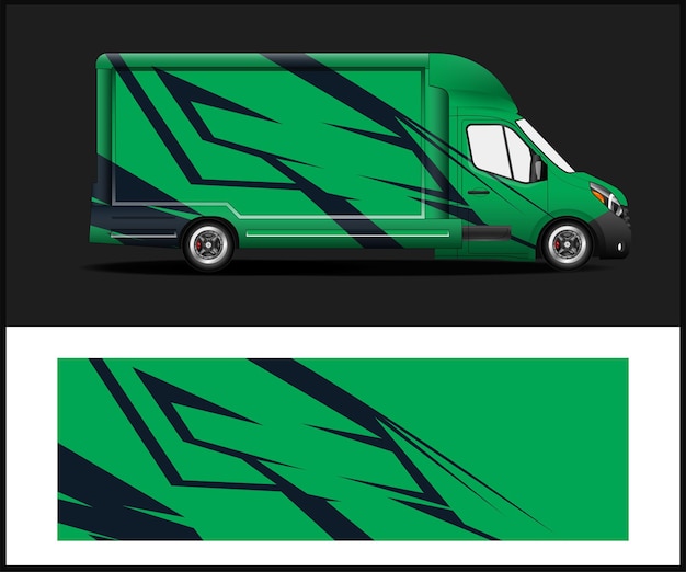 Groen busje met een zwart en blauw design.