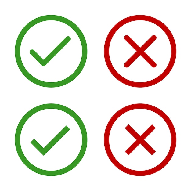 Groen checkmark rood kruis x mark icoon plat ingesteld afgerond rechts en verkeerd vector teken tick mark