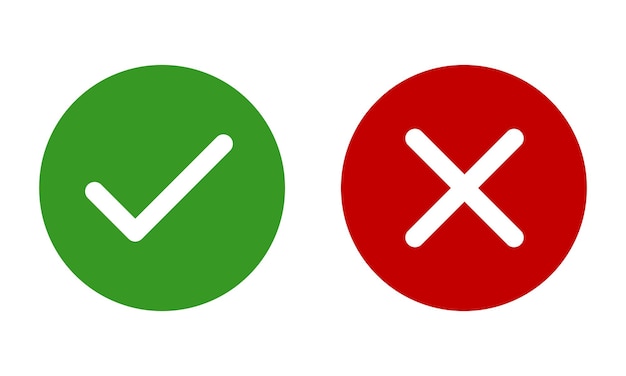 Groen checkmark rood kruis x mark icoon set afgeronde vorm rechts en verkeerd vlakke vector symbool