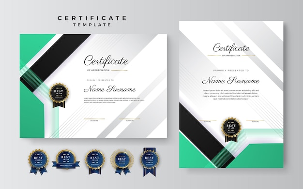 Groen en wit certificaat van prestatiegrenssjabloon met luxe badge en modern lijnpatroon Voor zakelijke en onderwijsbehoeften