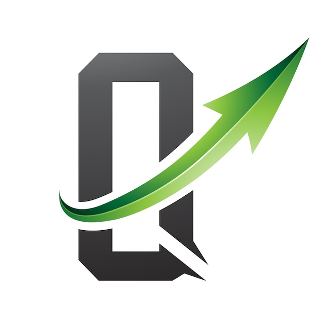 Vector groen en zwart futuristisch letter q-icoon met een glanzende pijl op een witte achtergrond