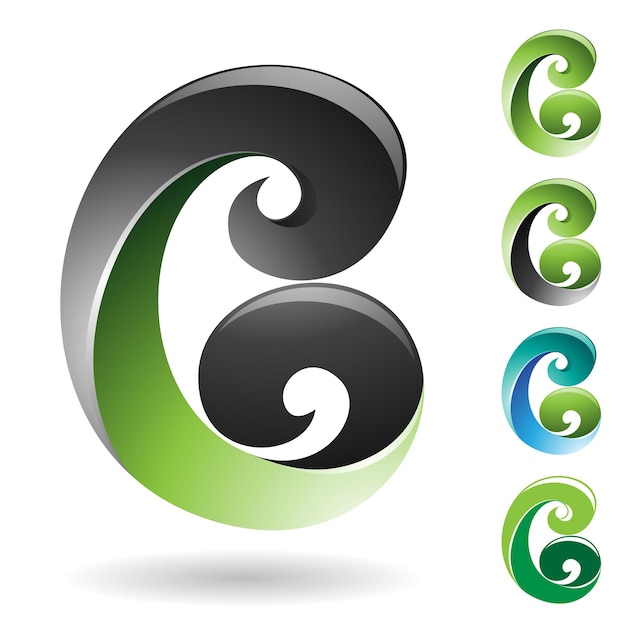 Vector groen en zwart gelaagd letter c- of b-pictogram met gekrulde tips